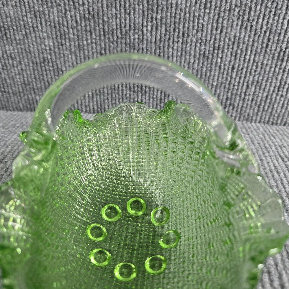Fenton‎ Green Glass Basket Handled Pinched Edge Hobnail Basket Dish